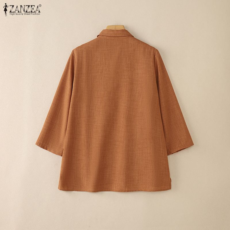 ZANZEA Women Casual Turn Down Collar 3/4 Sleeve Loose Blouse