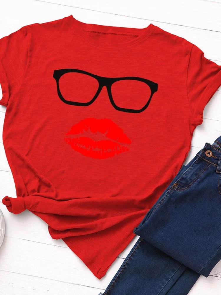 Glasses Red Lip Print Women T Shirt Short Sleeve O Neck Loose Women Tshirt Ladies Tee Shirt Tops Clothes Camisetas Mujer