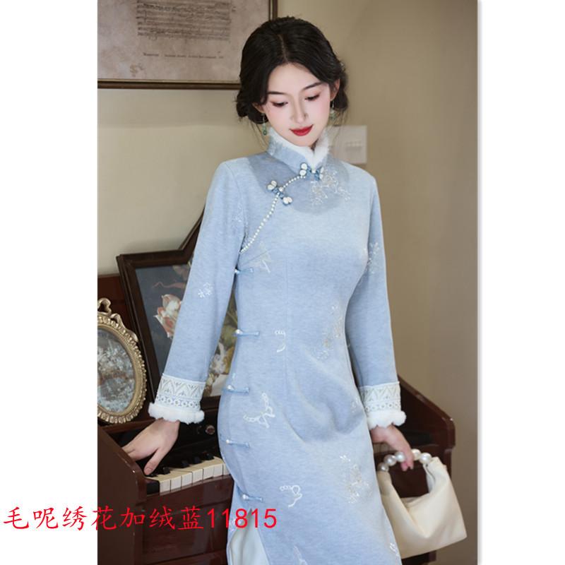 New Chinese fleece thickened woolen embroidered cheongsam winter new young long-sleeved high-end slim cheongsam