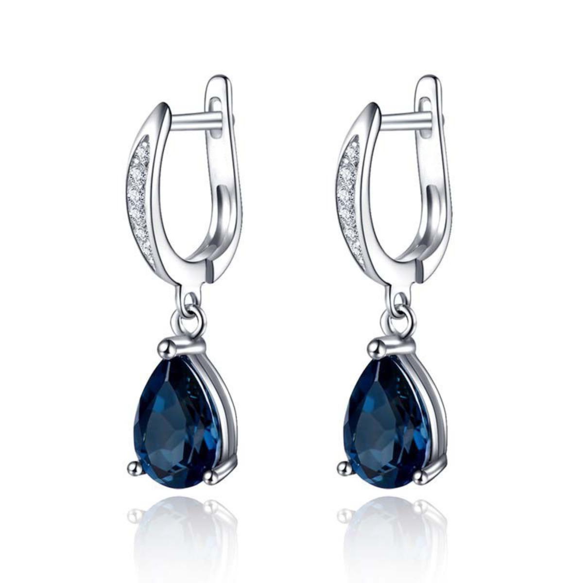 Elegant Teardrop Deep Blue Cubic Zirconia Drop Earrings with Paved Accent Silver Tone Huggie Hoops for Women
