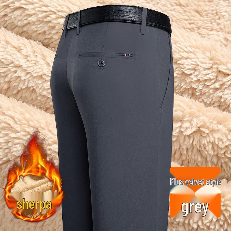 Men's Slim-Fit Business Suit Pants, Fleece-Lined Straight-Leg for Middle-Aged & Elderly, Autumn 2024 Collection.