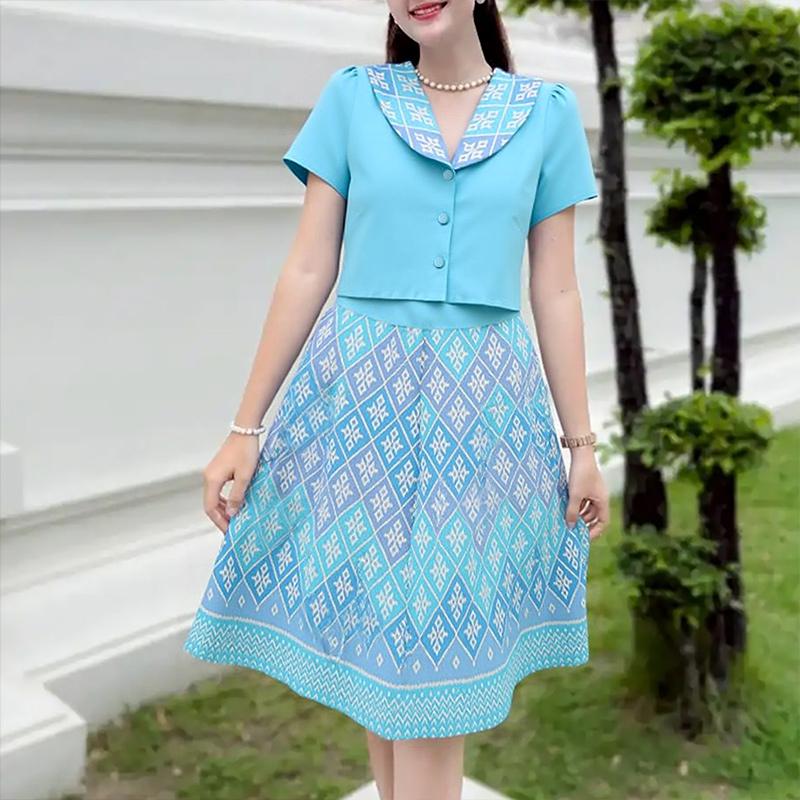 

ZANZEA Women V-Neck Casual Short Sleeve Print Elegant Dress 2XL синій