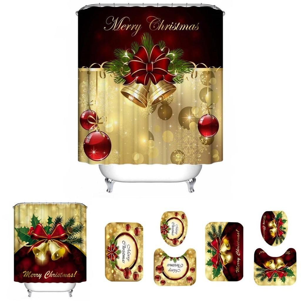 Luxurious Christmas Shower Curtain Toilet Seat Cover Mat Set For Festive Bathroom Decor