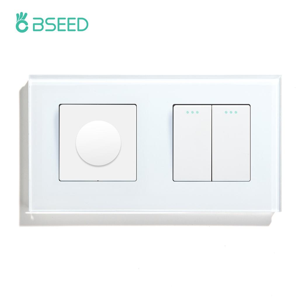 BSEED Mechanical Dimmer Fan Switch With 1/2/3Gang Wall Light Switches EU Socket USB Type-c Power Ports  2.1A Glass Panel