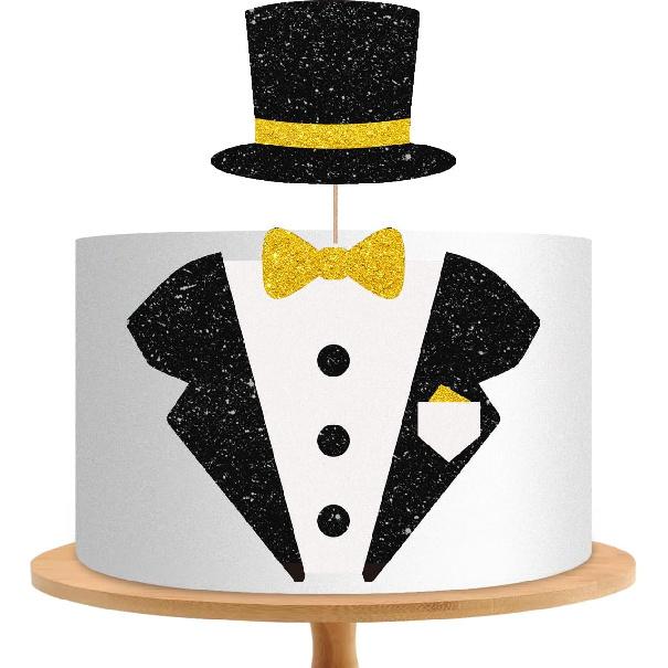 Little Man Cake Topper, Little Boss Cake Decor, Black&Gold Glitter Tuxedo Suit Bow Tie Cake Topper Set for Boy Baby Shower, Welcome Baby/Boy Men