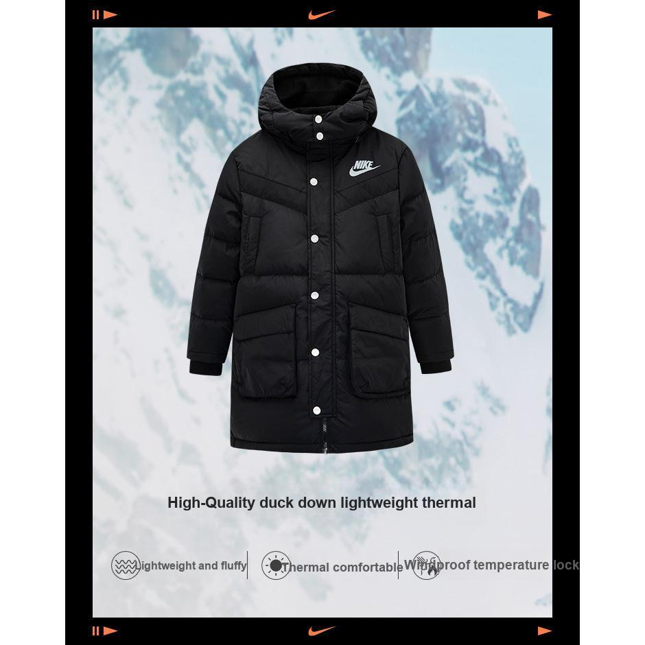 Nike Down Jacket Logo Print Warm Mid-Length Zipper Hooded Coat Kids Outerwear Black NY2042166GS-001-F01