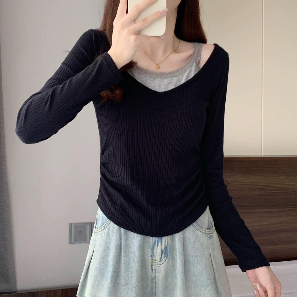 Autumn and Winter Pure Lace Fake Two Warm Top Female with Chest Pad Off-shoulder Long Sleeve Slim Bottom Shirt