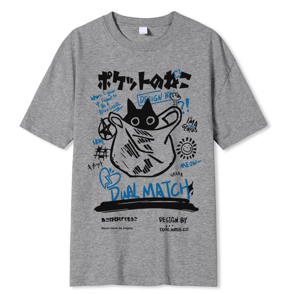 Fashion Hip Hop T-Shirt Unisex Streetwear Japanese Kanji Funny Cat Print Tshirt Unisex Harajuku Cotton Casual Short Sleeve Tshirt Tops