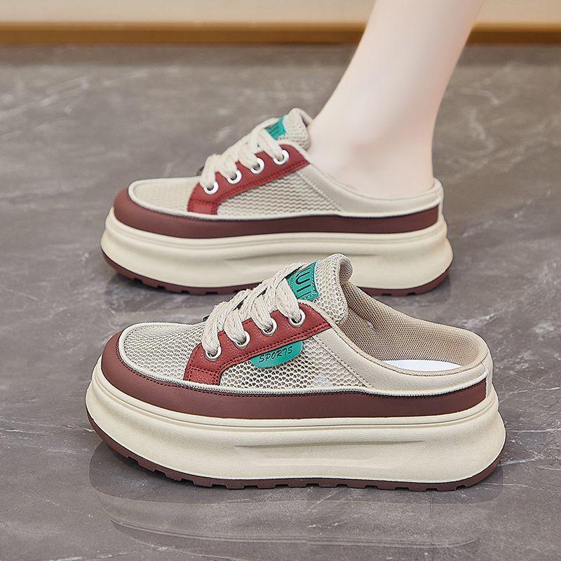 2025 Summer Half Tray White Shoes New Korean Version Ins Female Students Platform Mesh Casual Low-top Lace-up Slippers