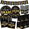 Graduation Decorations Disposable Black Graduation Tableware Kit For 25 Guests Plates Napkins Cups Tablecloth Hanging Graduation Party Decorations