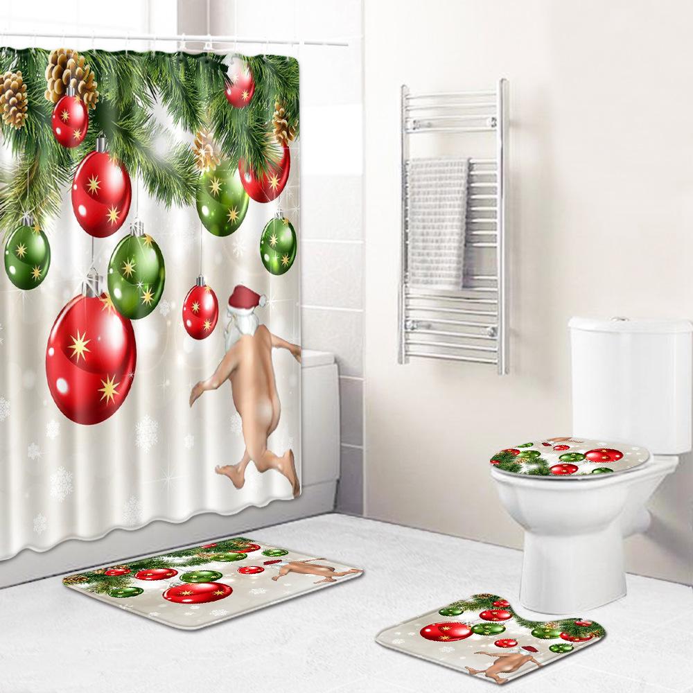 Christmas Toilet Seat Shower Curtain Four-Piece Printed Floor Mat Set Bathroom Floor Mat Bedroom Absorbent Door Mat Carpet
