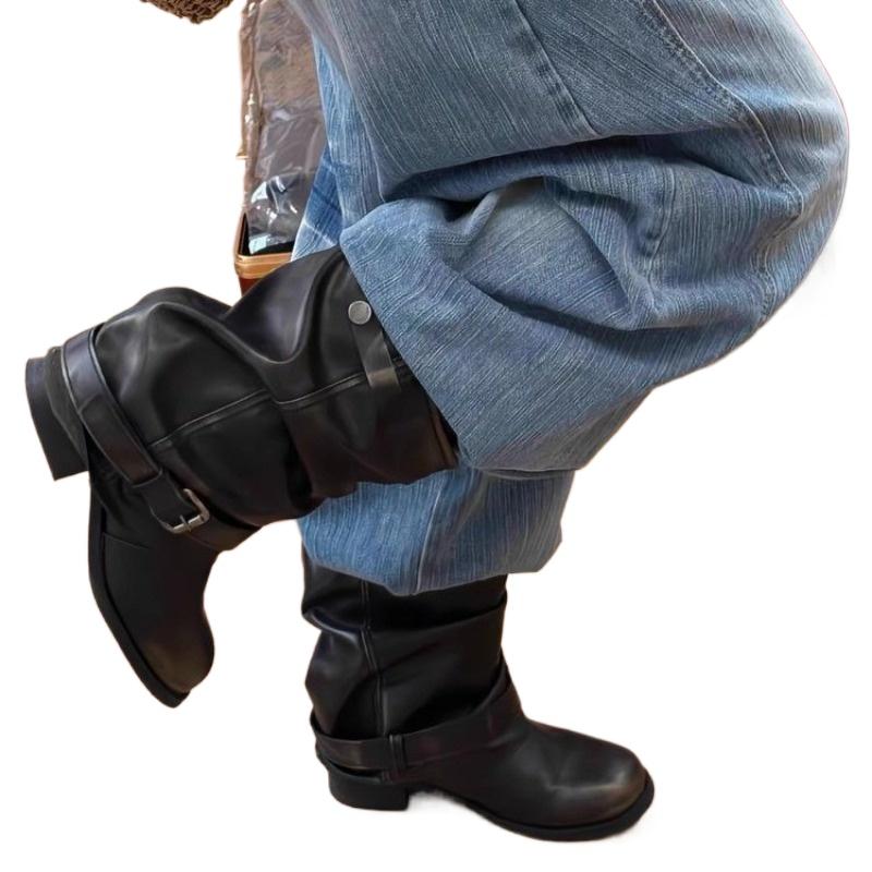 Fashion New Style Round Toe Belt Buckle Women Boots Fashion Flat Sole Mid Calf Autumn Niche Design Patent Leather Soid Women Shoes