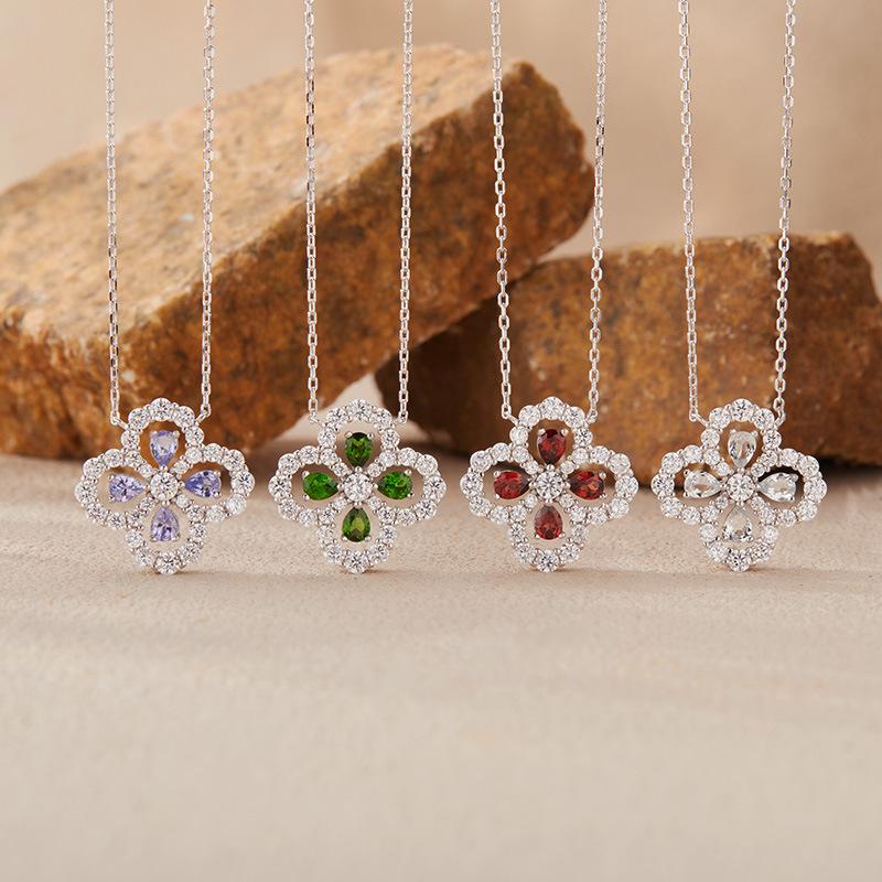 Natural Tanzanite Garnet Aquamarine Diopside Clover Colored Treasure Necklace Women'S S925 Sterling Silver Gem Pendant