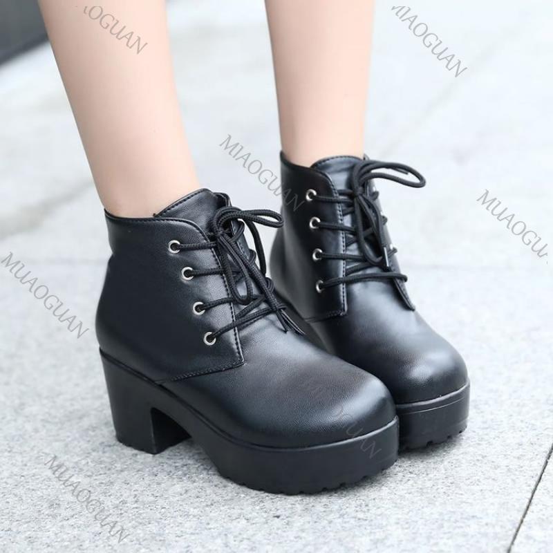 Fashion Women's Single Boots New Lace Up Horse Boots Square Heel Round Toe High Heeled Shoes Ladies Footwears Plus Size 35-45