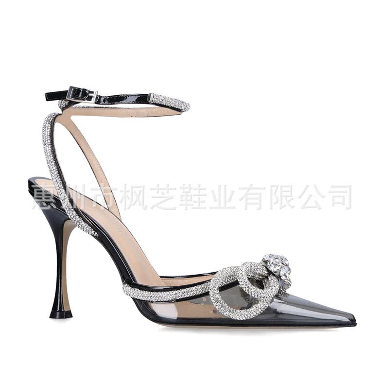European and American bow rhinestone high-heeled sandals transparent pointed thin heel bag head high-heeled shoes fashionable and versatile customizat