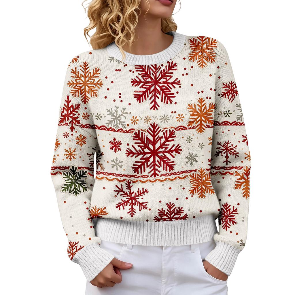 Women's Christmas Print Crewneck Long Sleeve Sweater for Fall Winter Casual Wear