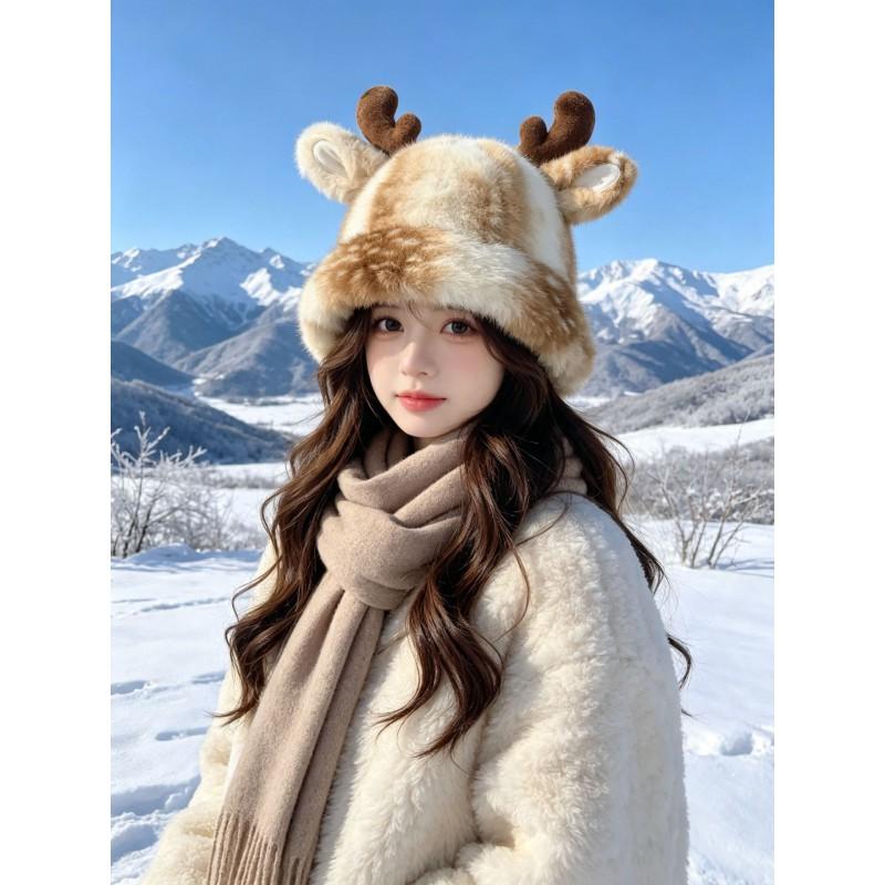 Fuzzy Reindeer Antler Beanie Hat Women Men Winter Warm Ear Protection Fisherman Cap Cute Animal Style