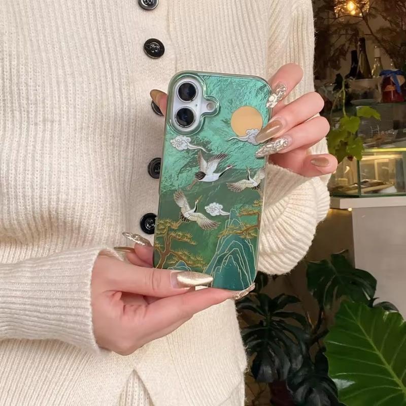 Auspicious INS Green Mountain Chinese Style Crane Tassel Dangle Phone Case for iPhone 17 16 15 14 13 Pro Max Back Phone Cover