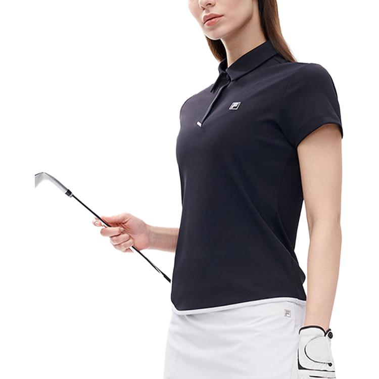 FILA Solid Color Logo Slim Fit Half Zip Short Sleeve Polo Shirt Women tops Black A11W225128FBK