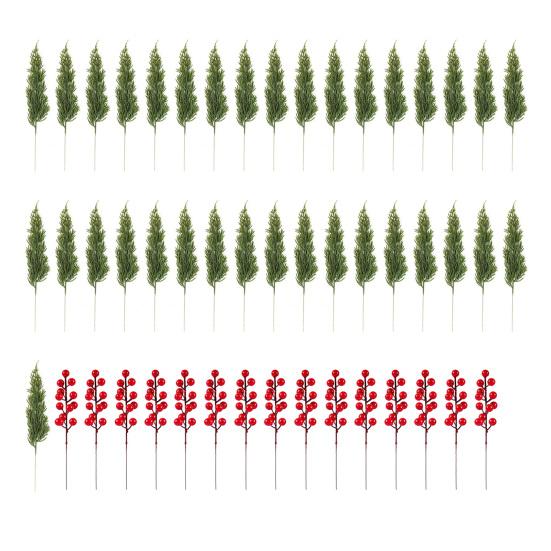 50 Pcs Christmas Artificial Picks Fake Greenery Pine Branches Faux Red Berry Stems for DIY Christmas Garland Wreath Flower Arrangement Decoration