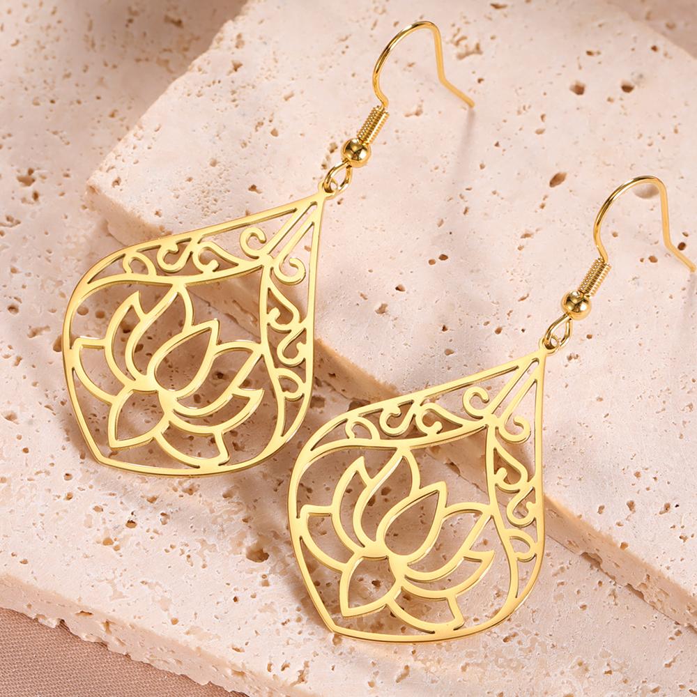 Dawapara Lotus Flower Dangle Earrings for Women Stainless Steel Round Flower Charm Yoga Jewelry Buddhist Spiritual Amulet