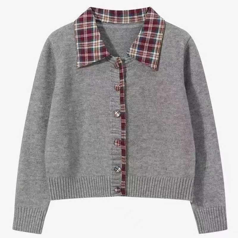 Fake Two-piece Plaid Splicing Neck Sweater Jacket Spring and Autumn New Gray College Loose Knitted Cardigan