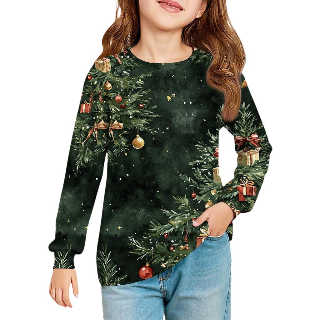 Christmas Day Girls' Long Sleeve Blouse - Round Neck Soft Waist Tunic