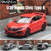 1/32 Honda Civic Type R Spielzeugauto für Kinder Diecast Miniaturmodell Pull-Back Türen zu öffnen Sound Licht Sammlung Geschenk Jungen