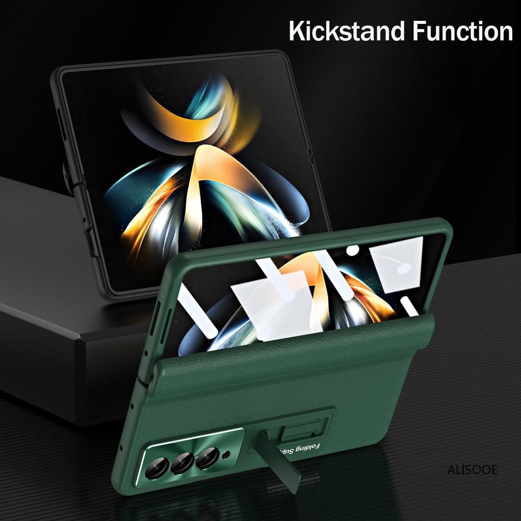 Mit Frontscheibe Glas Für Samsung Z Fold 4 Fällen Leder Scharnier Halter Abdeckung Für Samsung Galaxy Z Fold 4 5g Fall Stehen Capa
