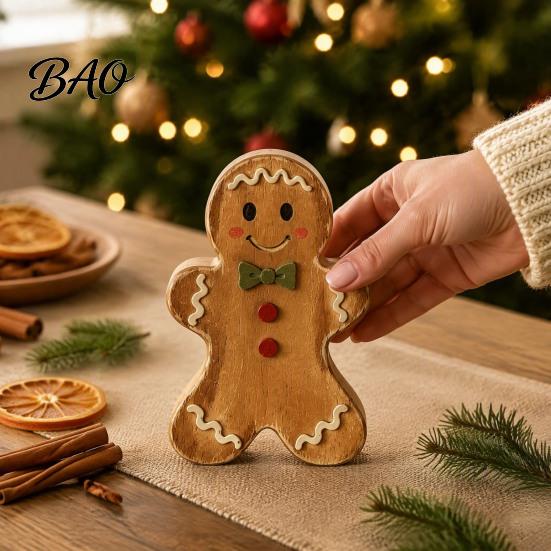 Christmas Window Display Ornaments Wooden Gingerbread Man Decor, Rustic Gingerbread, Candy Cane House Figurines, Xmas Family Gathering Decorative