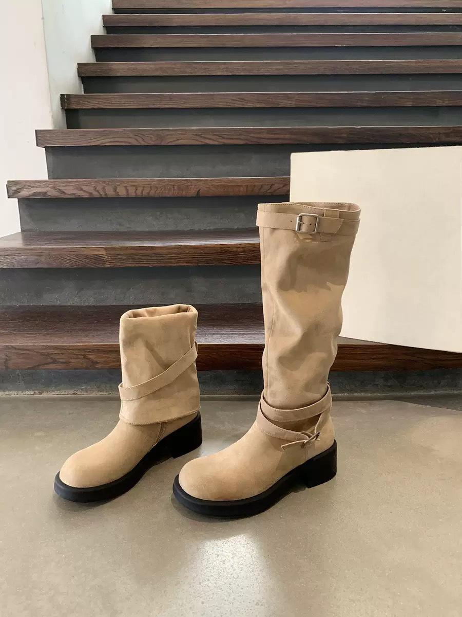 

Sheepskin~ Korean version niche design belt buckle two wear boots retro suede temperament trouser tube boots thin knight boots 40