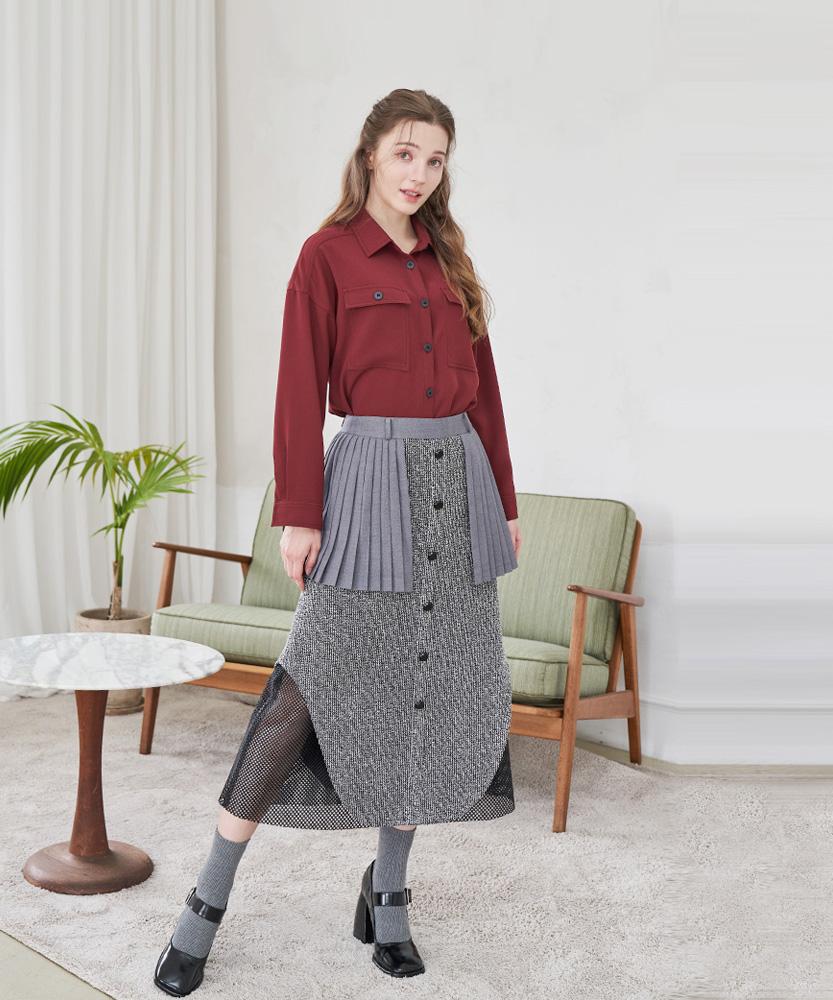 L By L Gray Pleated Button Long Skirt