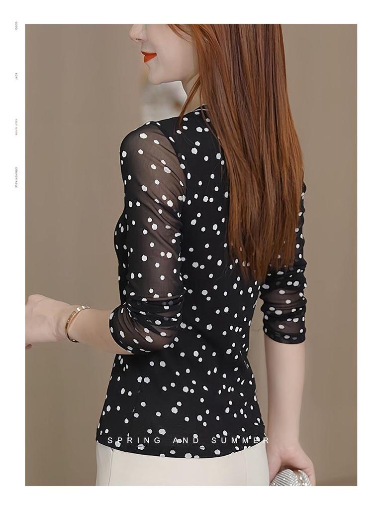 Polka Dot V-Neck Mesh Long Sleeve Pullover - Versatile Women's Fashion Top