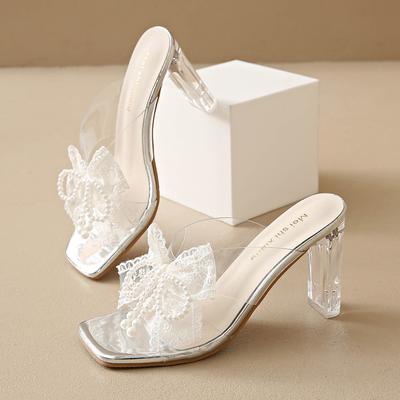 Mode Zomer 2025 Elegante Dames Parel Vlinderstrik Sandalen Dikke Hoge Hakken Kristallen Slippers Vrouw Vierkante Neus Kant Kralen Gladiator Schoenen