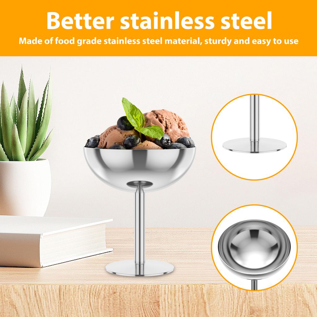 2Pcs Ice Cream Cups Salad Bowl Stainless Steel Bowl Dessert Fruit Plate Snack Dish Reusable Dessert Cup High Footed Pudding Cup