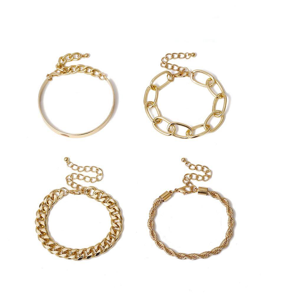 European & American Jewelry Alloy 4-Piece Set: Hip-Hop Cuban Bracelet & Punk Metal Twisted Rope Chain Cuff