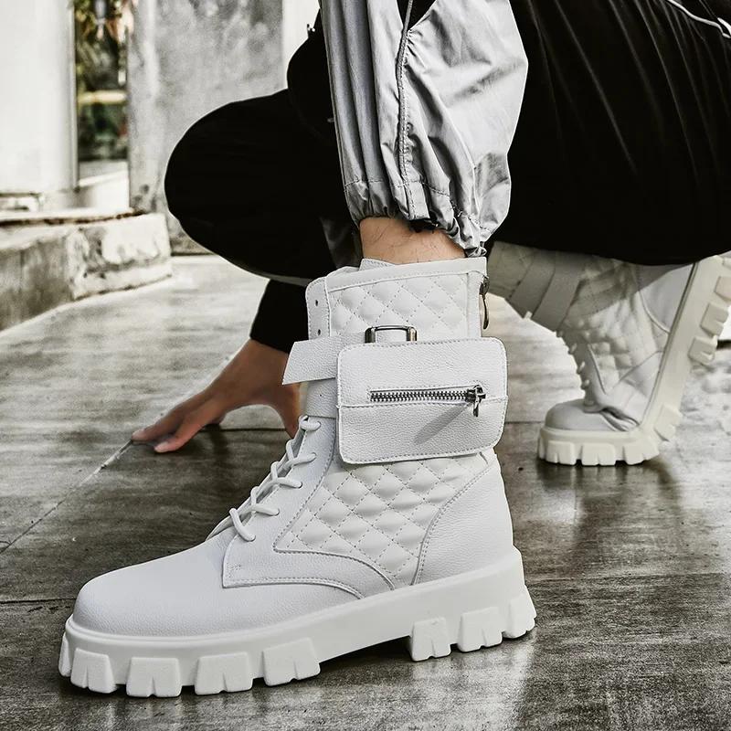 Vysoké Venkovní Kapsa Pánské Módní Boty Platforma Podzim Zima Ležérní Pánské Kotníkové Boty Bílá Kůže Designérské Boty pro Muže