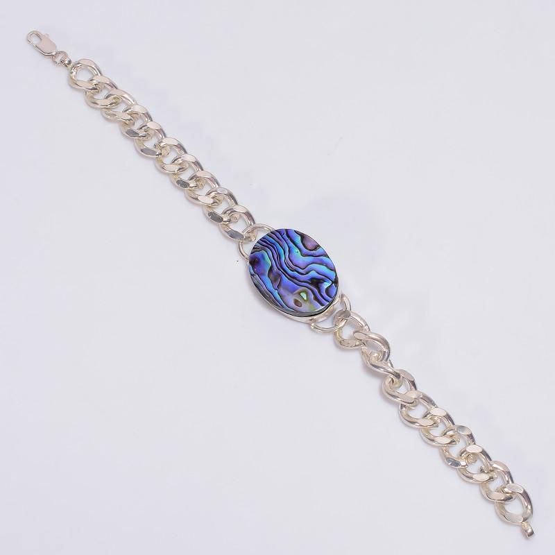 Fabulous Top Grade Qualite 100% Natural Abalone Shell Oval Shape Ethnic Style Handmade Jewelry 925 Steling Silver Plated Bracelet 8" WSJ4675