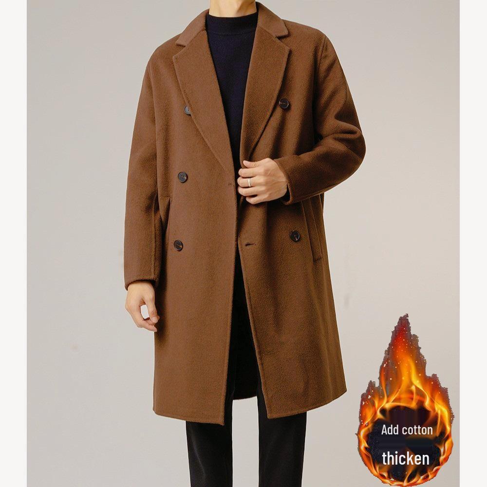 Men's Double-breasted French-Style Trench Coat: Autumn/Winter Korean-Inspired Trendy Woolen Coat with Drop Shoulders