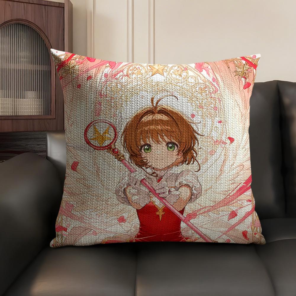 Anime C-Cardcaptor S-Sakura Pink Cushion Cover Natural Linen Organic Fabric Double-Sided Printing Sofa Home Decor Pillow Case