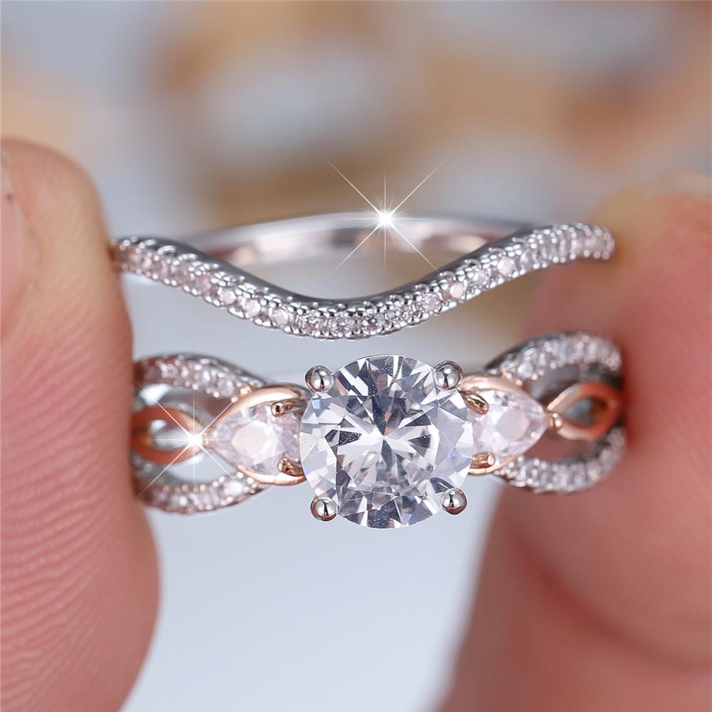 Female Silver Color White Zircon Stone Round Infinity Engagement Ring Set Vintage Bridal Wedding Bands Party Jewelry For Women