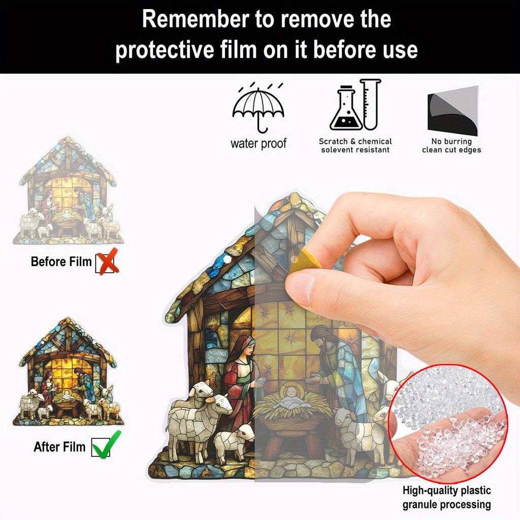 1pc 2D Handmade Sun Catcher Stained Acrylic Nativity Scene Suncatcher Window Hanging Ornament for Home Deco Christian for Family