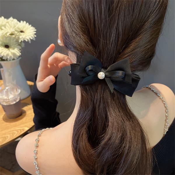 Elegant 2024 Retro French Black Bow Hair Clip for Ponytails