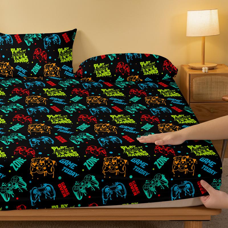 1 Cartoon Fun Game  Printed Matte Fitted Sheet, Bedroom Printed Bed Cover, Bedding (Excluding Pillowcases)