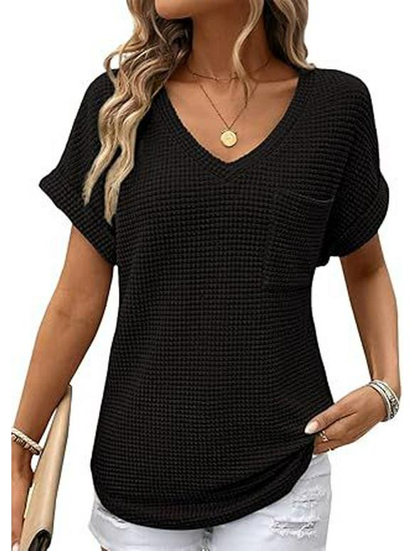 

European & American V-Neck Waffle Knit Women’s Short-Sleeved Summer Shirt M чорний