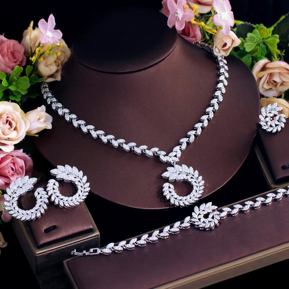 Bridal Wheat Ear Wedding Dress With Four-Piece Set Copper Micro-Inlaid Zircon Necklace Earrings Bracelet Set Chain
