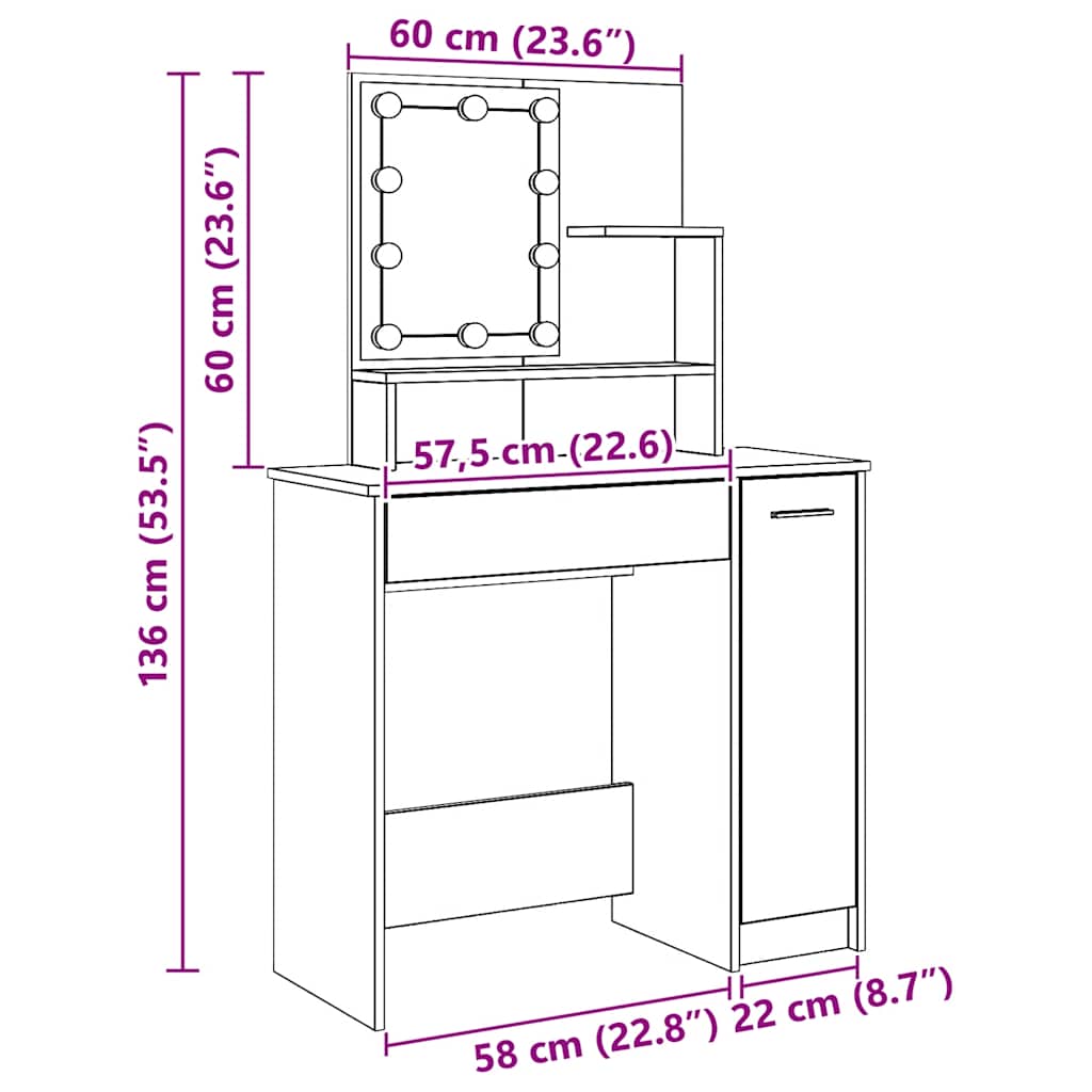 Makeup Vanity with LED Lights Artisan Oak Finish 86.5 X 35 X 136 Cm