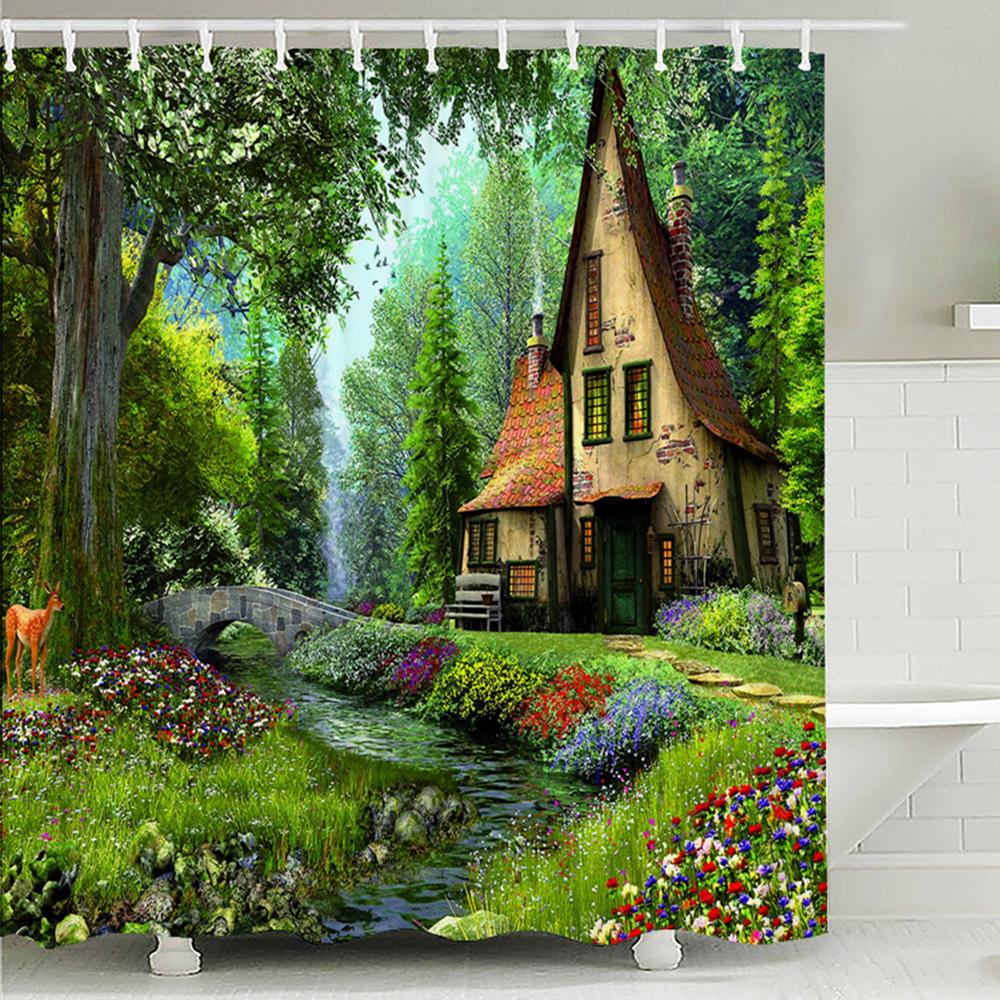 Fairy Tale Dream Forest Garden Shower Curtain Waterproof Fabric Bathroom Curtains Oil Painting Landscape Bath Screens With Hooks
