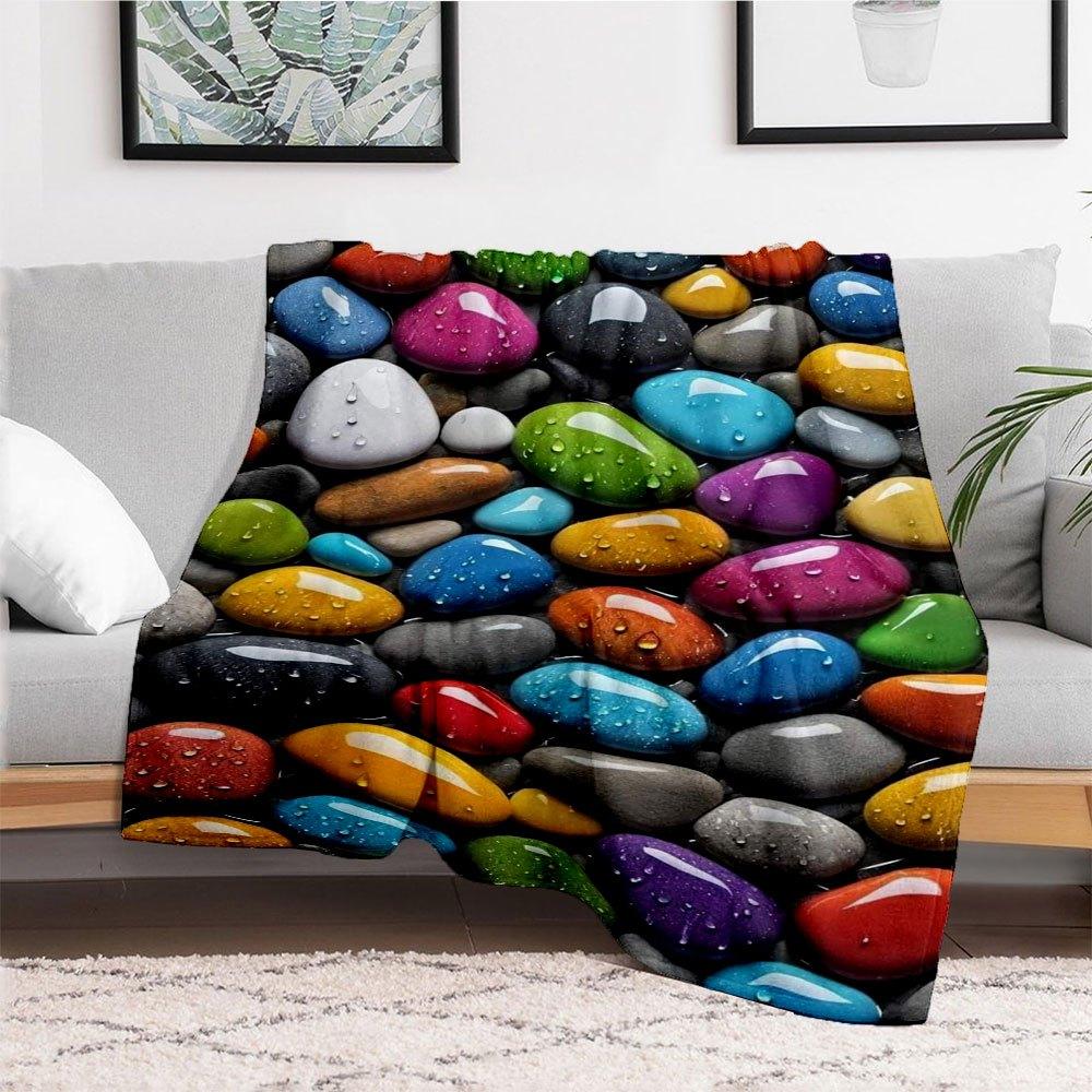 Colorful Pebbles with Water Drops Nature Decorative StonesBlanket Flannel Throw Blanket for Sofa, Bed, Travel, Camping, Office, Couch, Chair