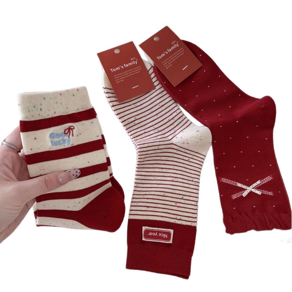 New Year'S Big Red Socks New Year Cloth Label Boneless Socks Embroidered Letter Bow Socks
